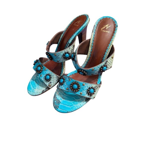 J Vincent Turquoise Heels Sandals w/ Snake Print Pattern & Beaded Details Sz 10 - Picture 4 of 6